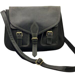 KomalC Handcrafted Distressed Black Leather Messenger Crossbody Bag Boho Grunge